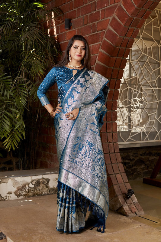 Wedding Wear Kanjivaram Silk Blue Color Heavy Saree