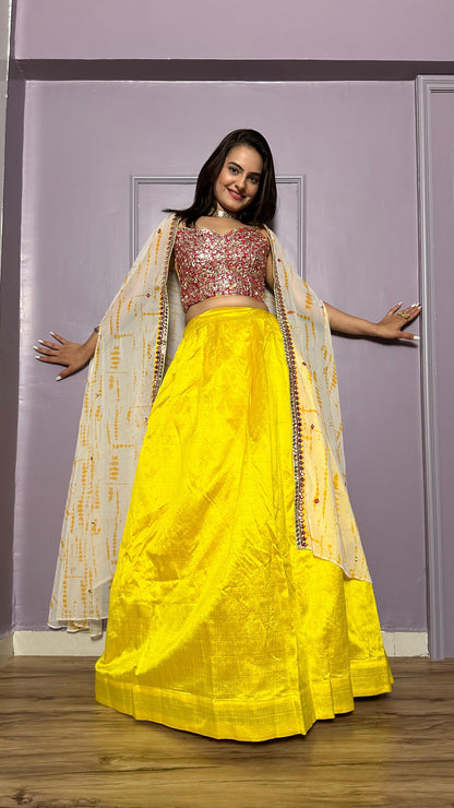 Classic Kasturi Slub Silk Yellow Color Designer Lehenga Choli With Koti