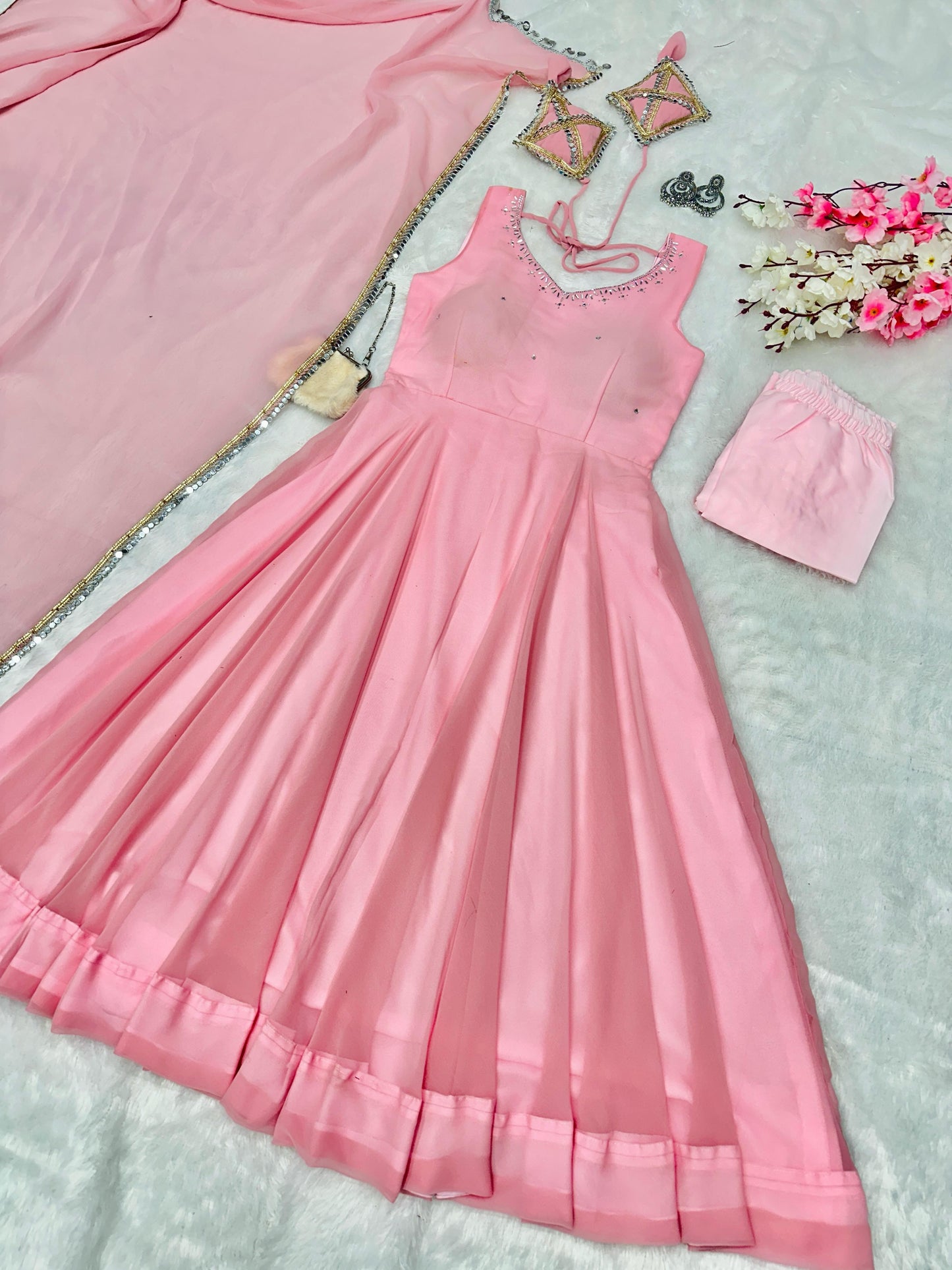 Wonderful Pink Color Hotfix Work Anarkali Gown