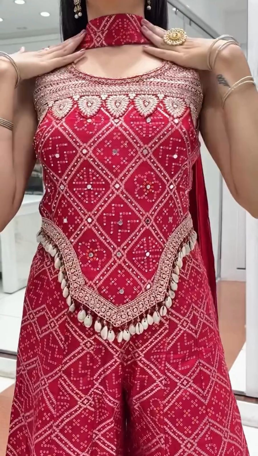 Function Wear Chinon Silk Red Color Sharara Suit