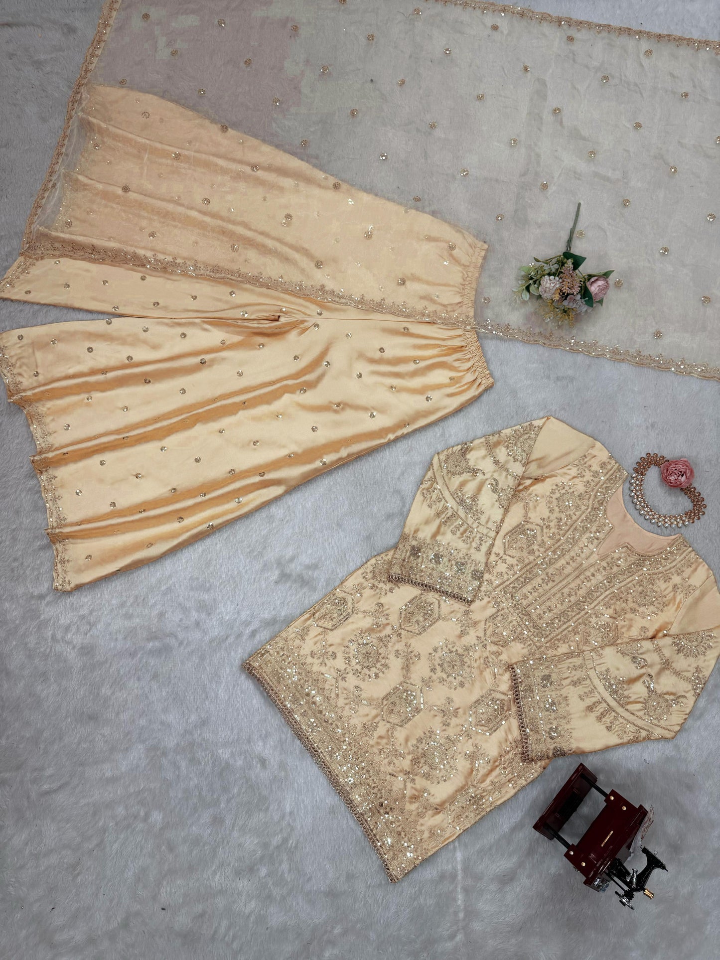 Stunning Cream Color Sequence Work Sharara Suit