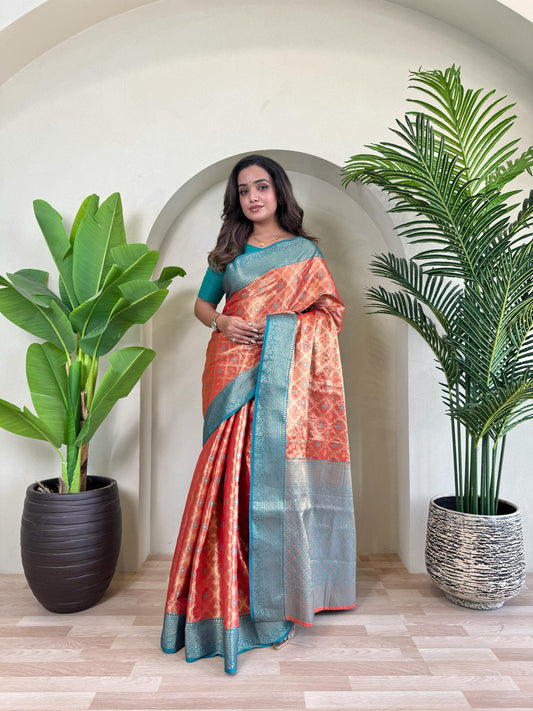 Designer Silk Zari Weaving Orange Color Saree