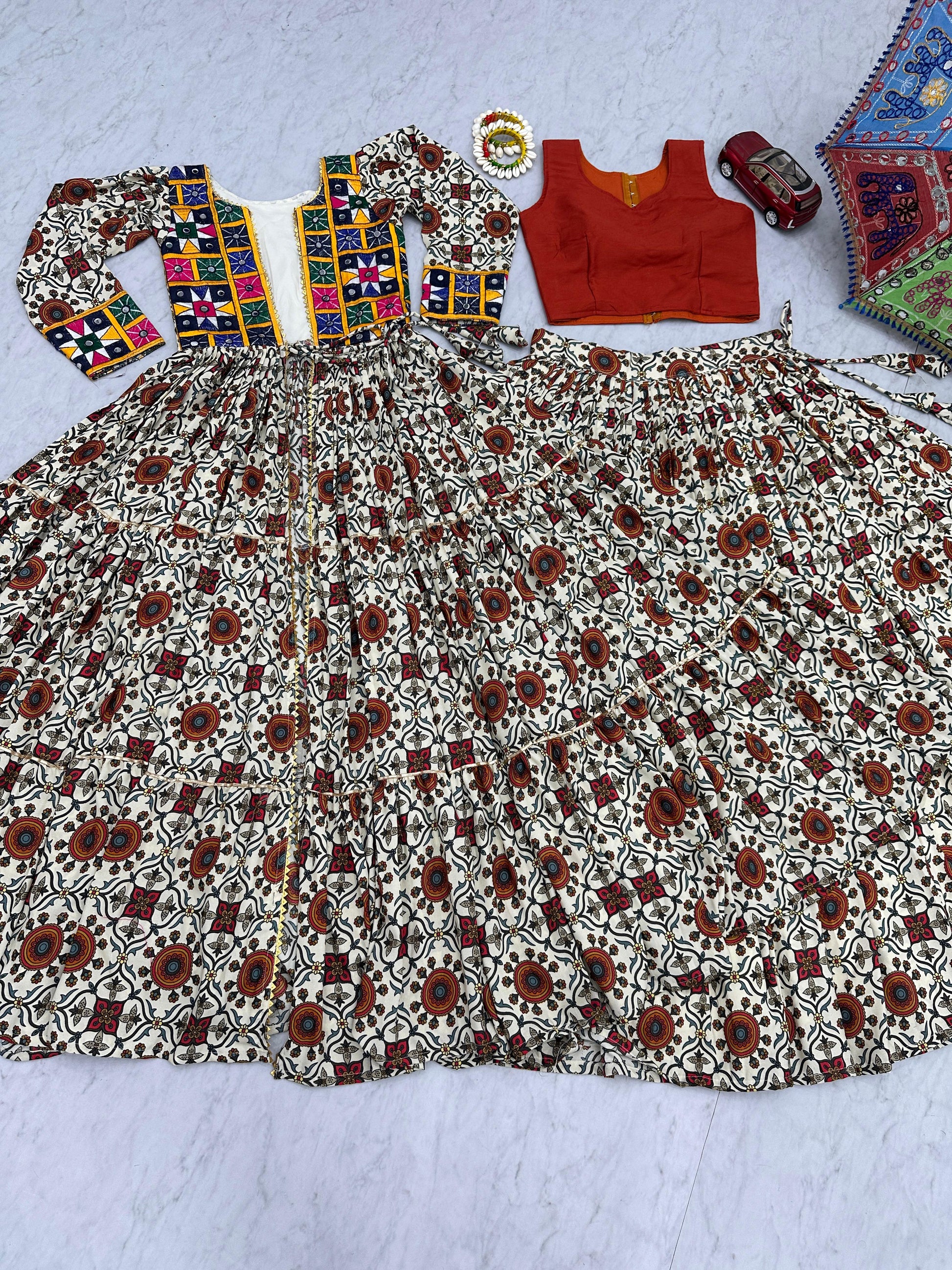 Navratri Festival Mirror Work Multi Color Lehenga Choli With Shrug