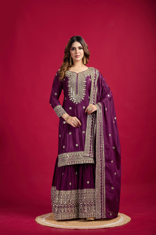 Elegant Embroidery Sequence Work Wine Color Sharara Suit