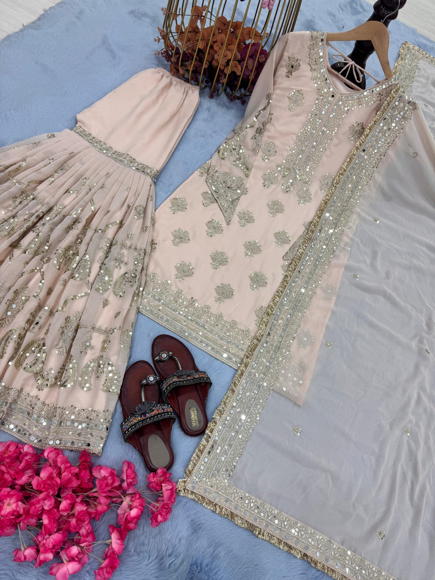 Glossy Georgette 5 MM Sequence Work Peach Color Sharara Suit