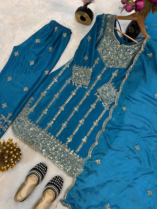 Attractive Sky Blue Chinon Silk Sequence Work Palazzo Suit