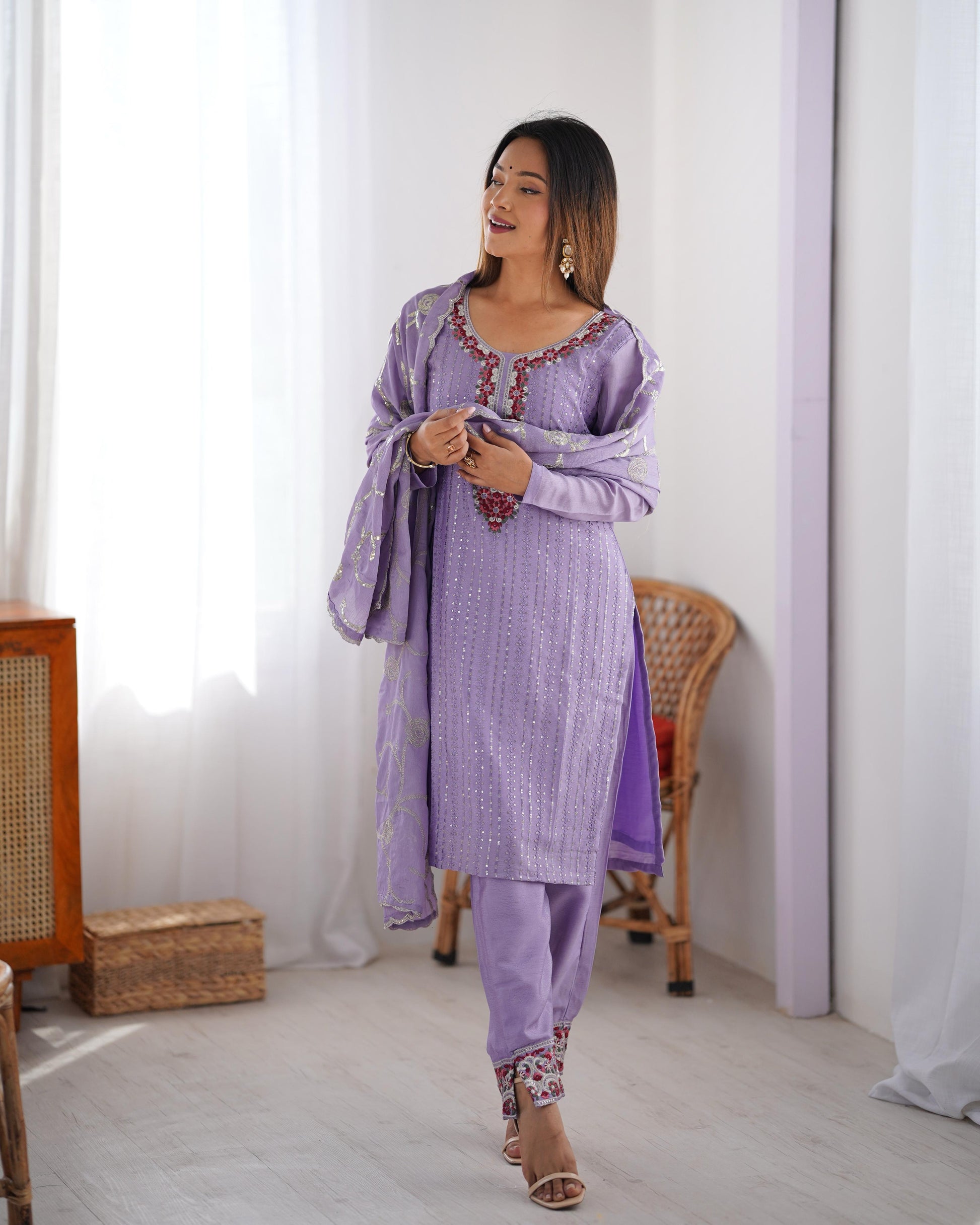 Elegant Chinon Silk Lavender Color Salwar Suit