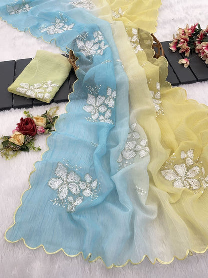 Awesome Embroidery Work Sky & Yellow Multi Color Saree