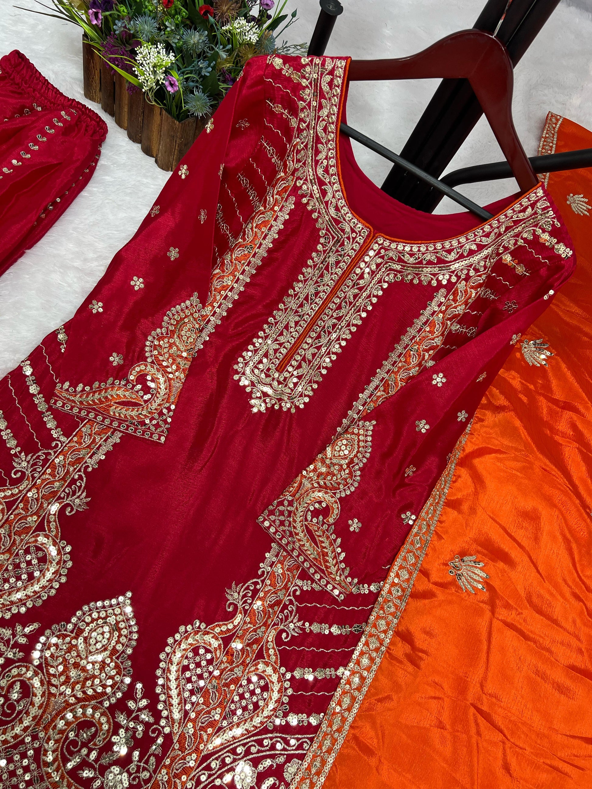 Glossy Red Color Chinon Silk Palazzo With Dupatta Set