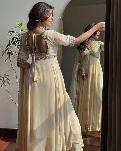 Fancy Embroidery Chikankari Work Off White Color Gown