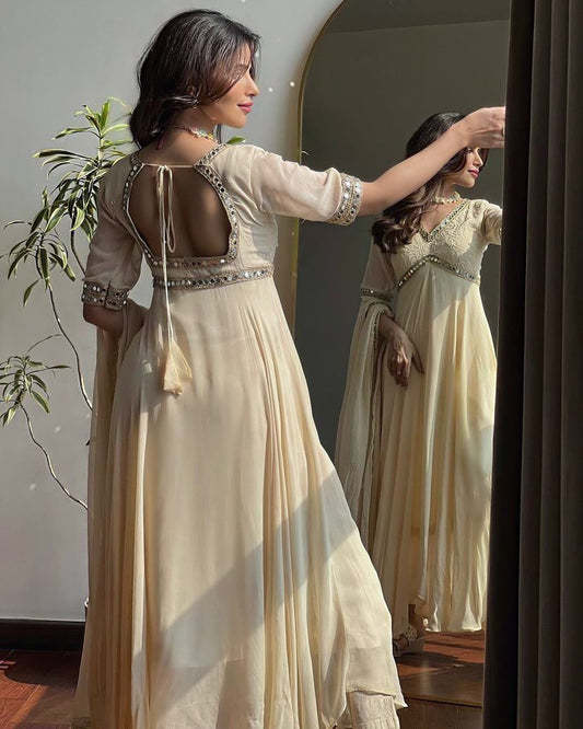 Fancy Embroidery Chikankari Work Off White Color Gown