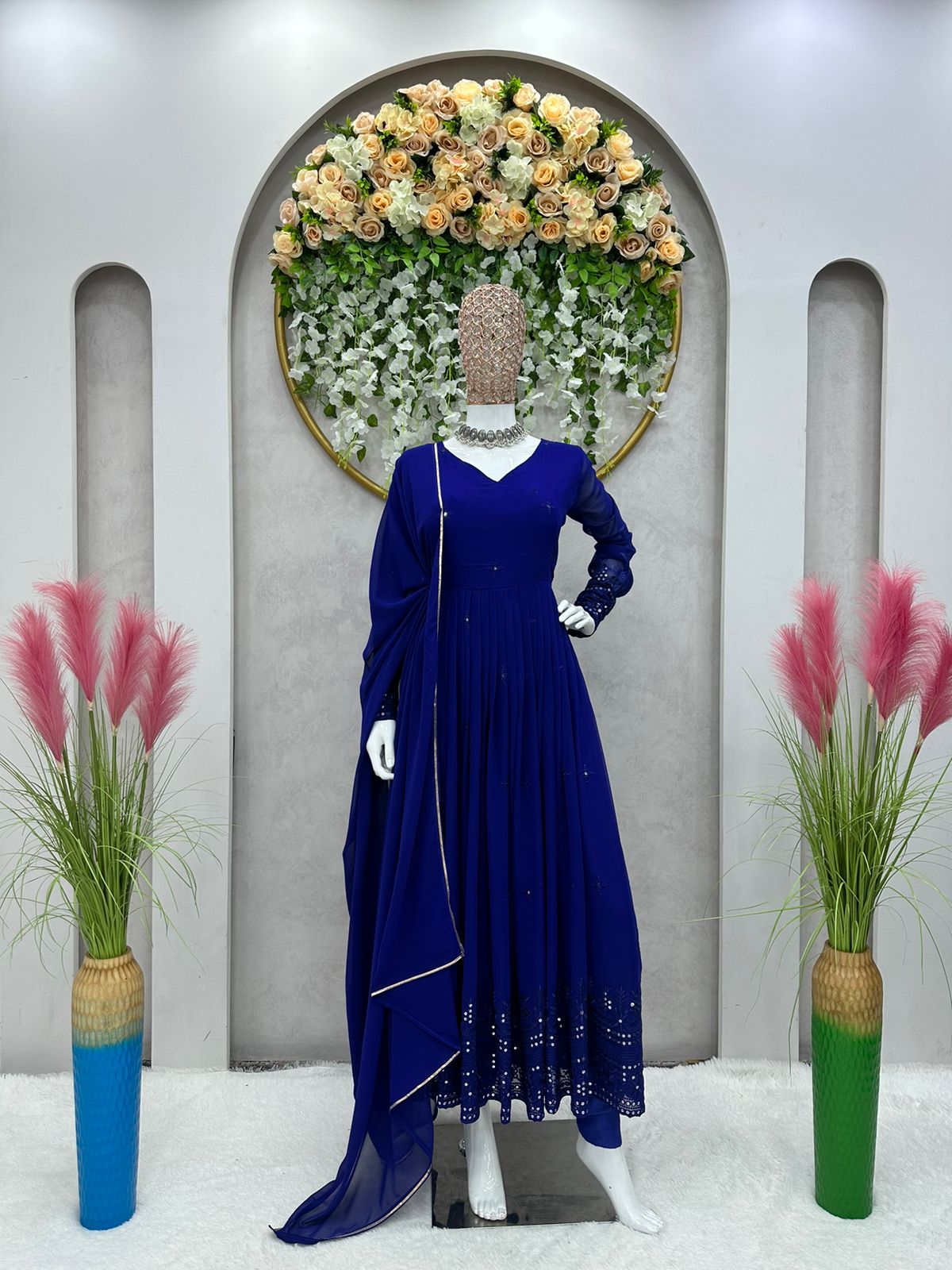 Fantastic Georgette Navy Blue Color Gown