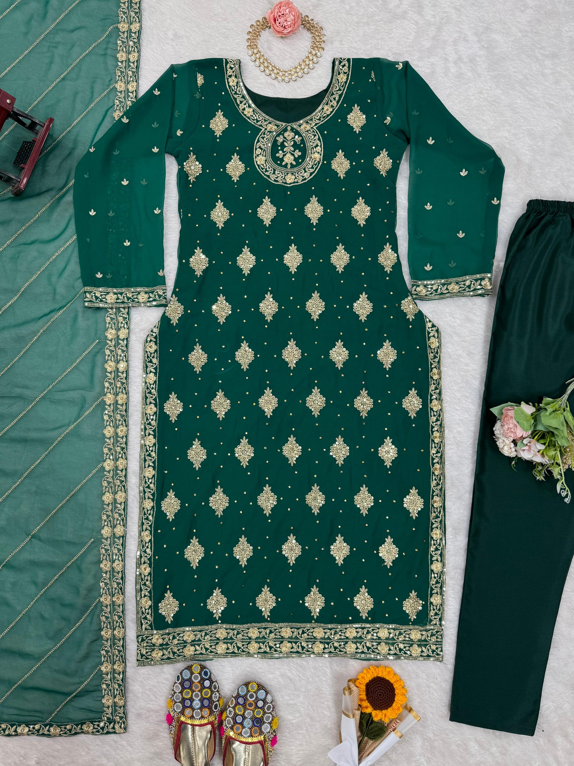Delightful Green Color Gorgette Sequence Work Salwar Suit