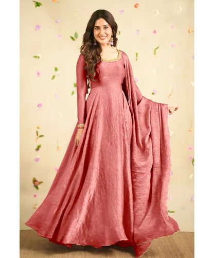Delightful Embroidery Peach Color Anarkali Gown with Dupatta