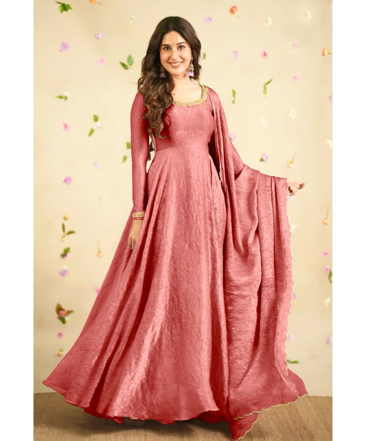 Delightful Embroidery Peach Color Anarkali Gown with Dupatta