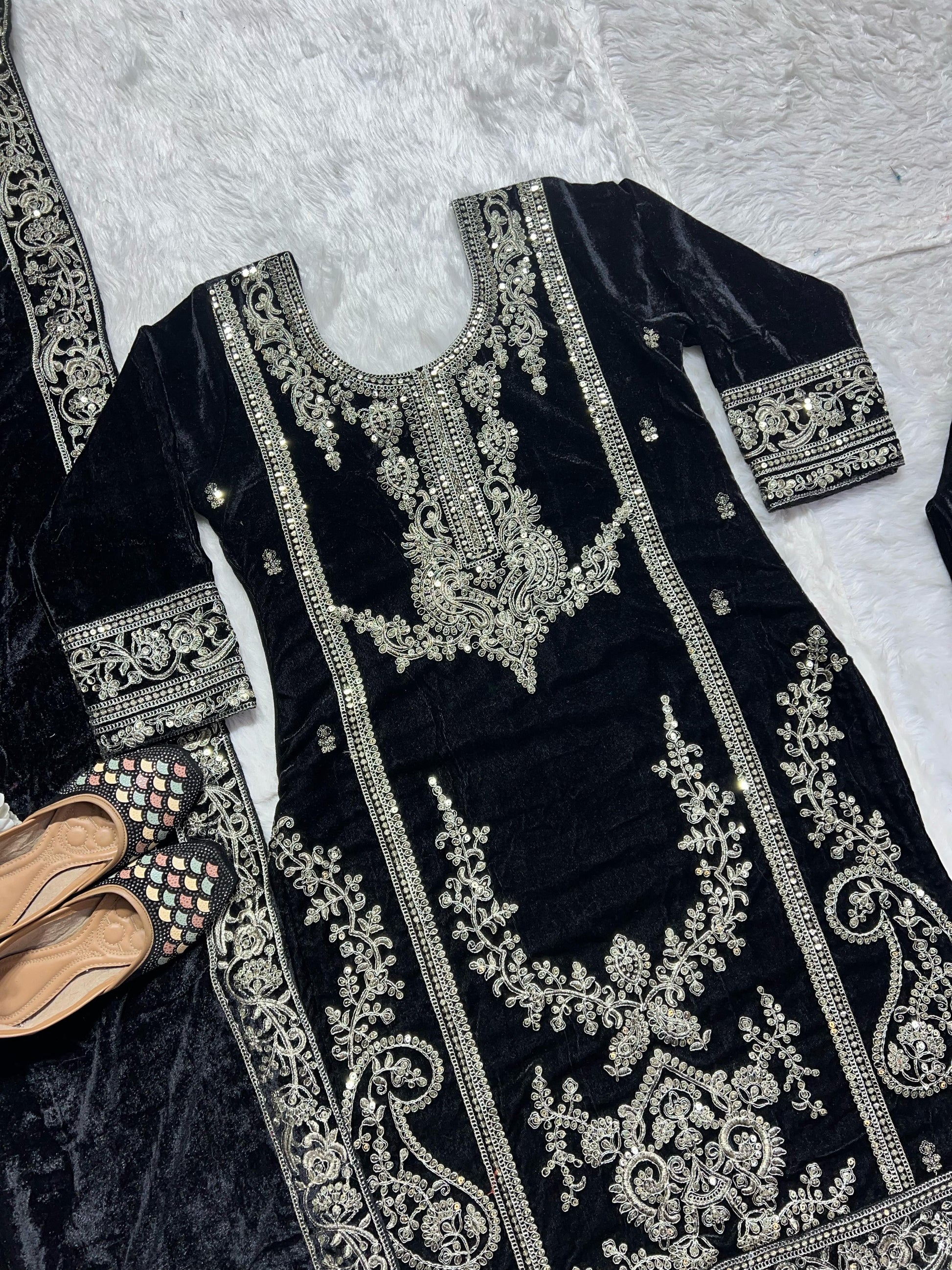 Exotic Viscous Embroidery Work Velvet Black Color Salwar Suit