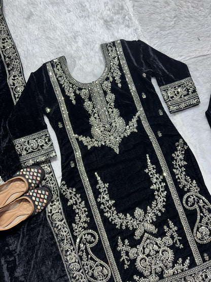 Exotic Viscous Embroidery Work Velvet Black Color Salwar Suit