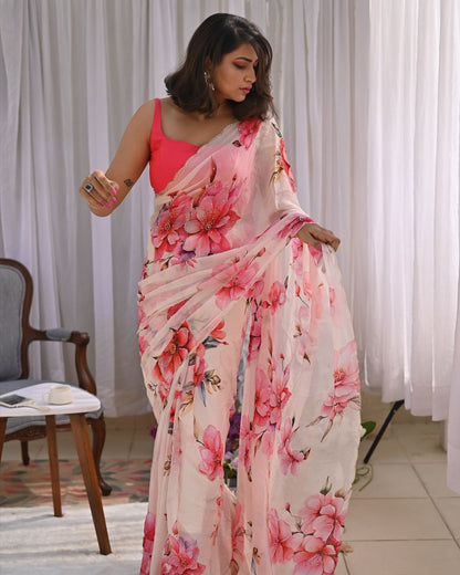 Pretty Floral Print White Color Saree