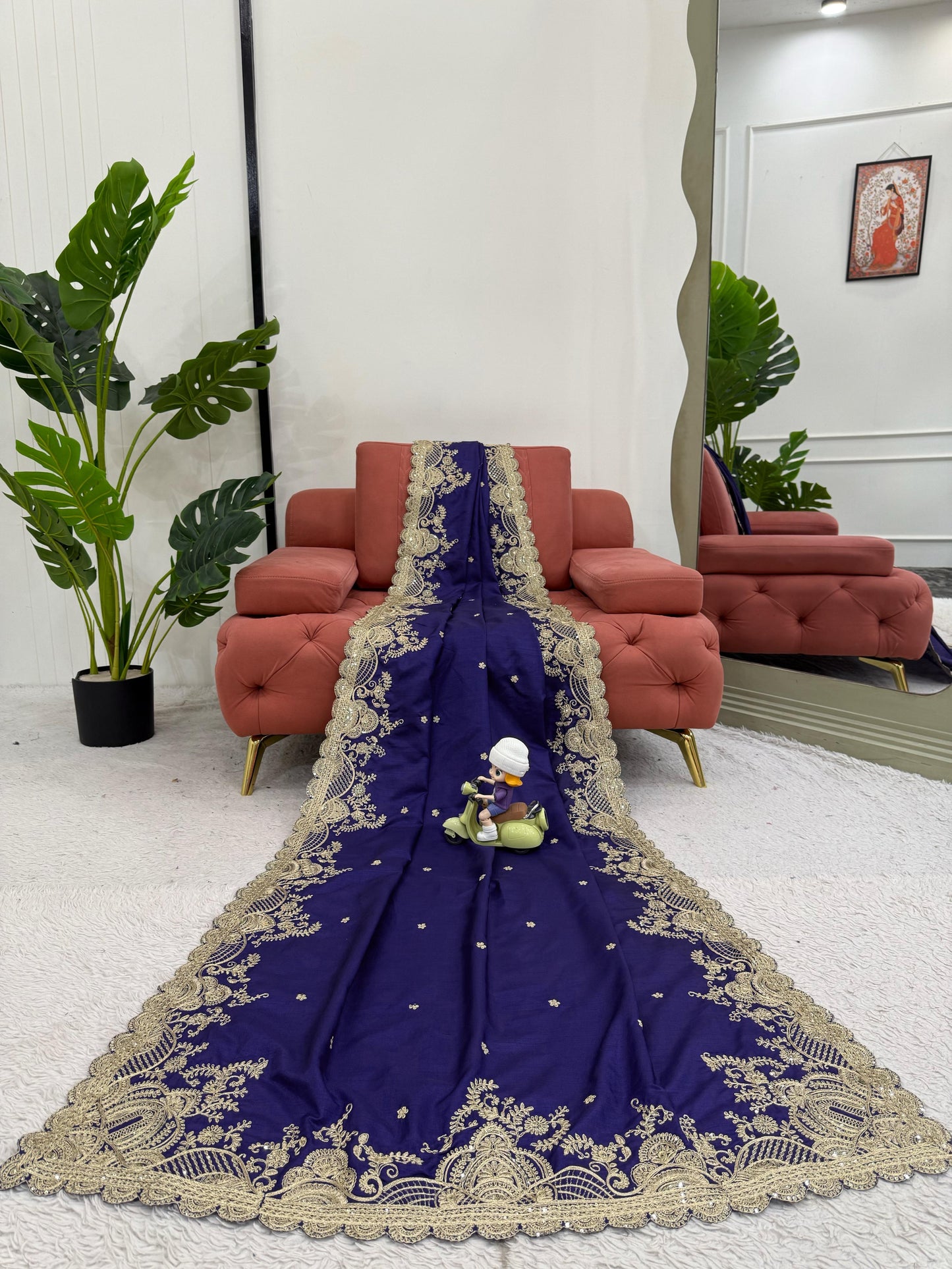 Wedding Wear Sequence Work Navy Blue Color Silk Saree