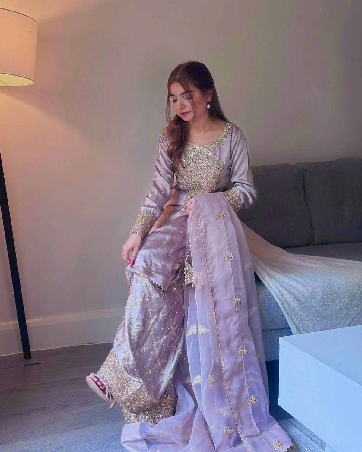 Glimmering Heavy Work Lavender Color Palazzo Suit