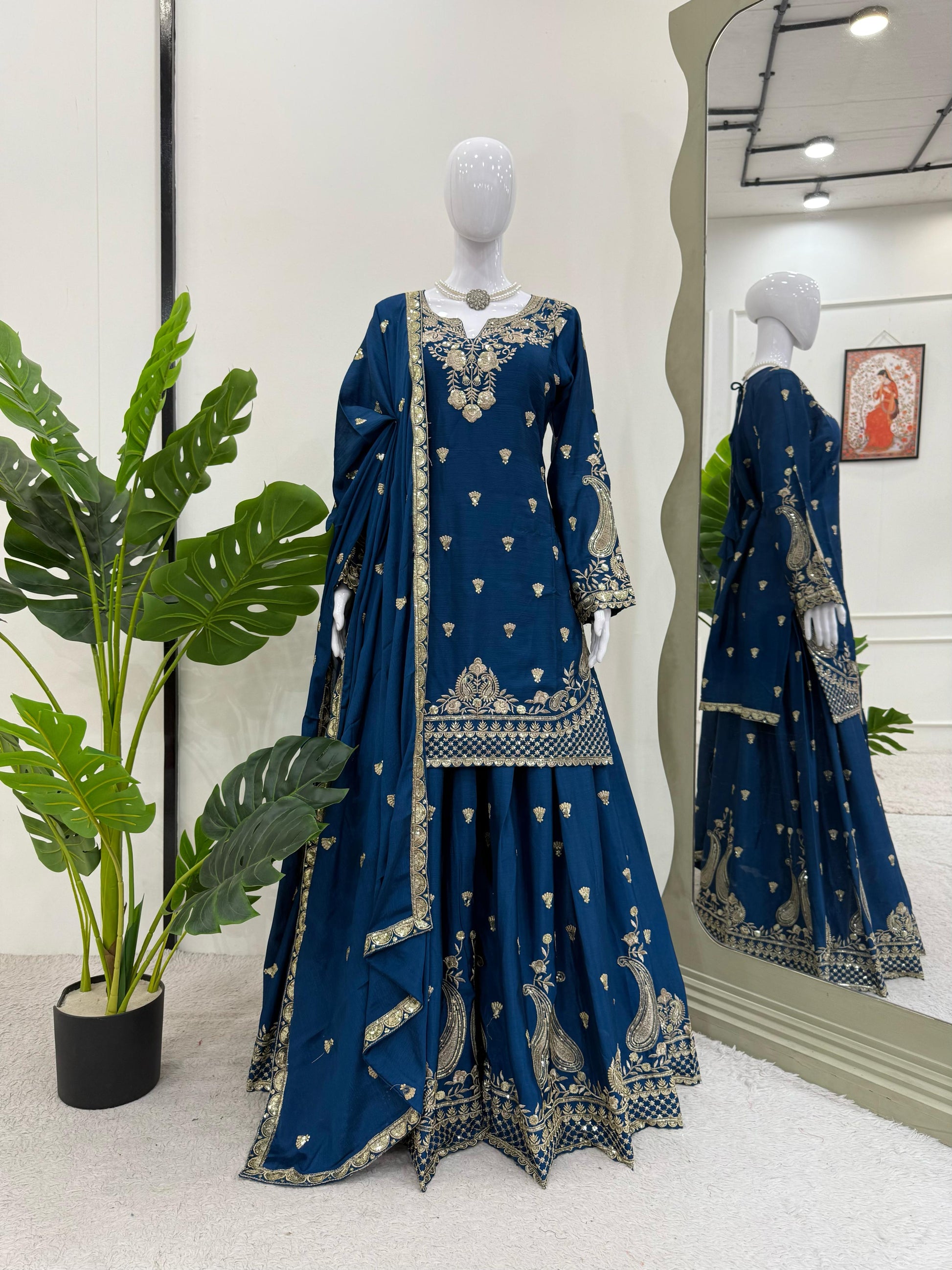 Wonderful Chinon Silk Navy Blue Color Palazzo Suit