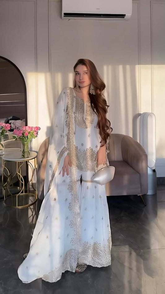 Function Wear Heavy Work White Color Sharara Suit