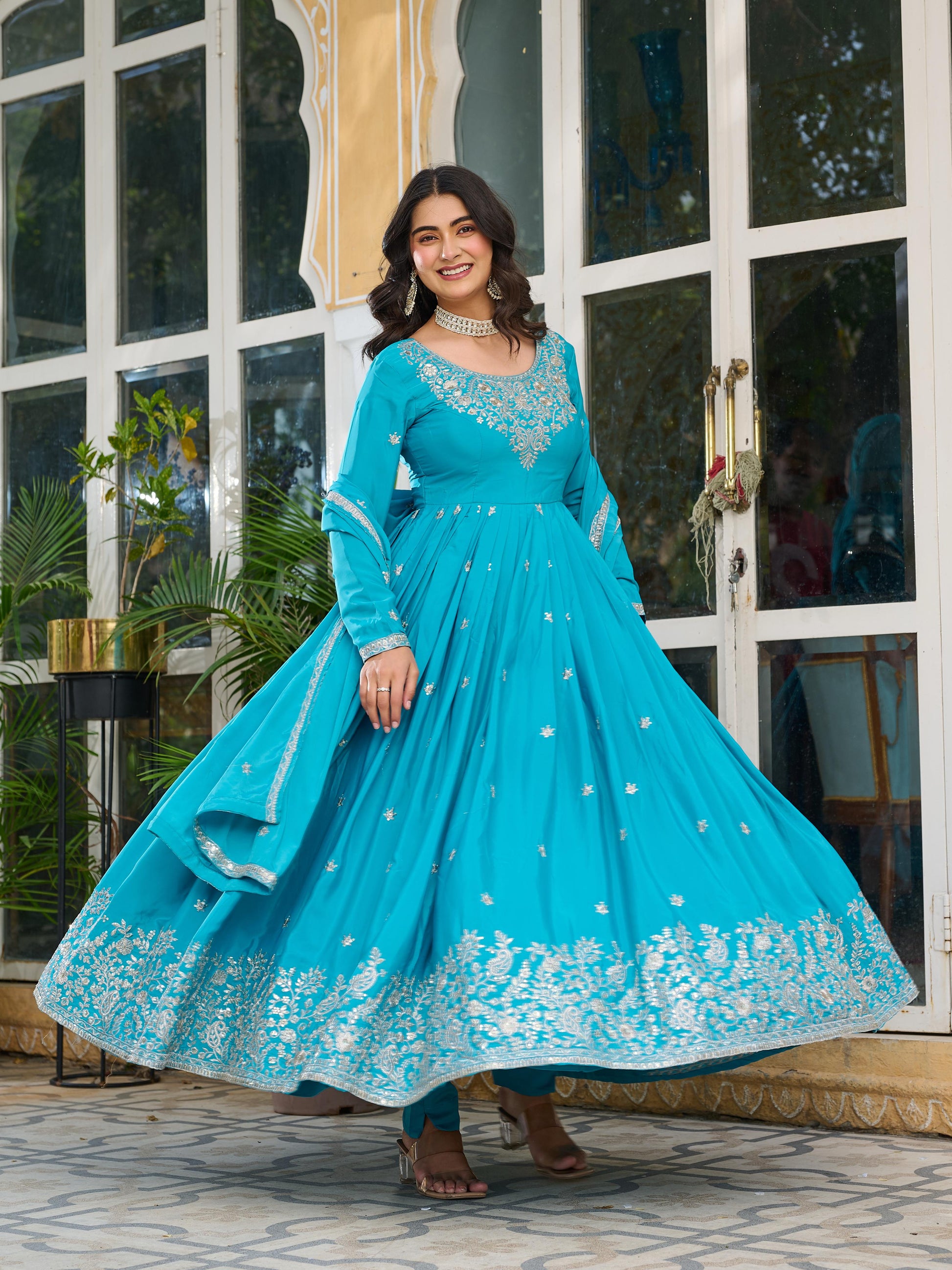 Fantastic Sequence Work Sky Blue Color Gown