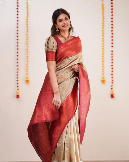 Beautiful Designer Cream Color Coper Jari Design Soft Silk Saree