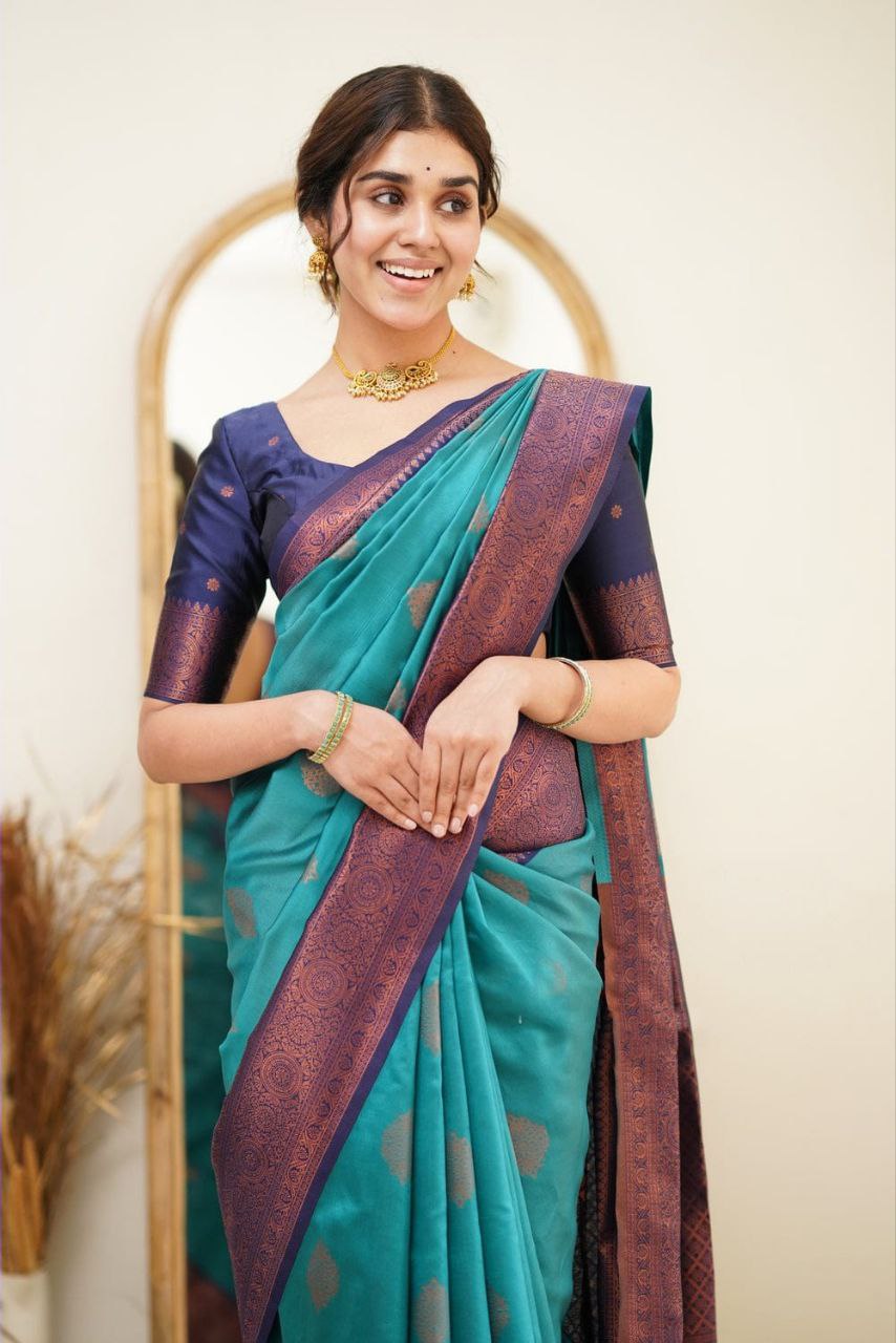 Designer Sky Blue Color Coper Jari Design Soft Silk Saree