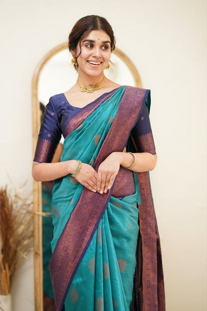 Designer Sky Blue Color Coper Jari Design Soft Silk Saree
