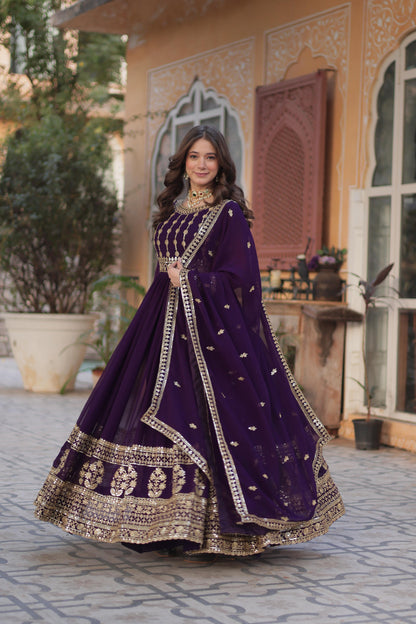 Fantastic Embroidery Work Wine Color Gown