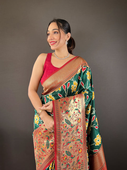Adorable Silk Patola Weaving Green Color Saree