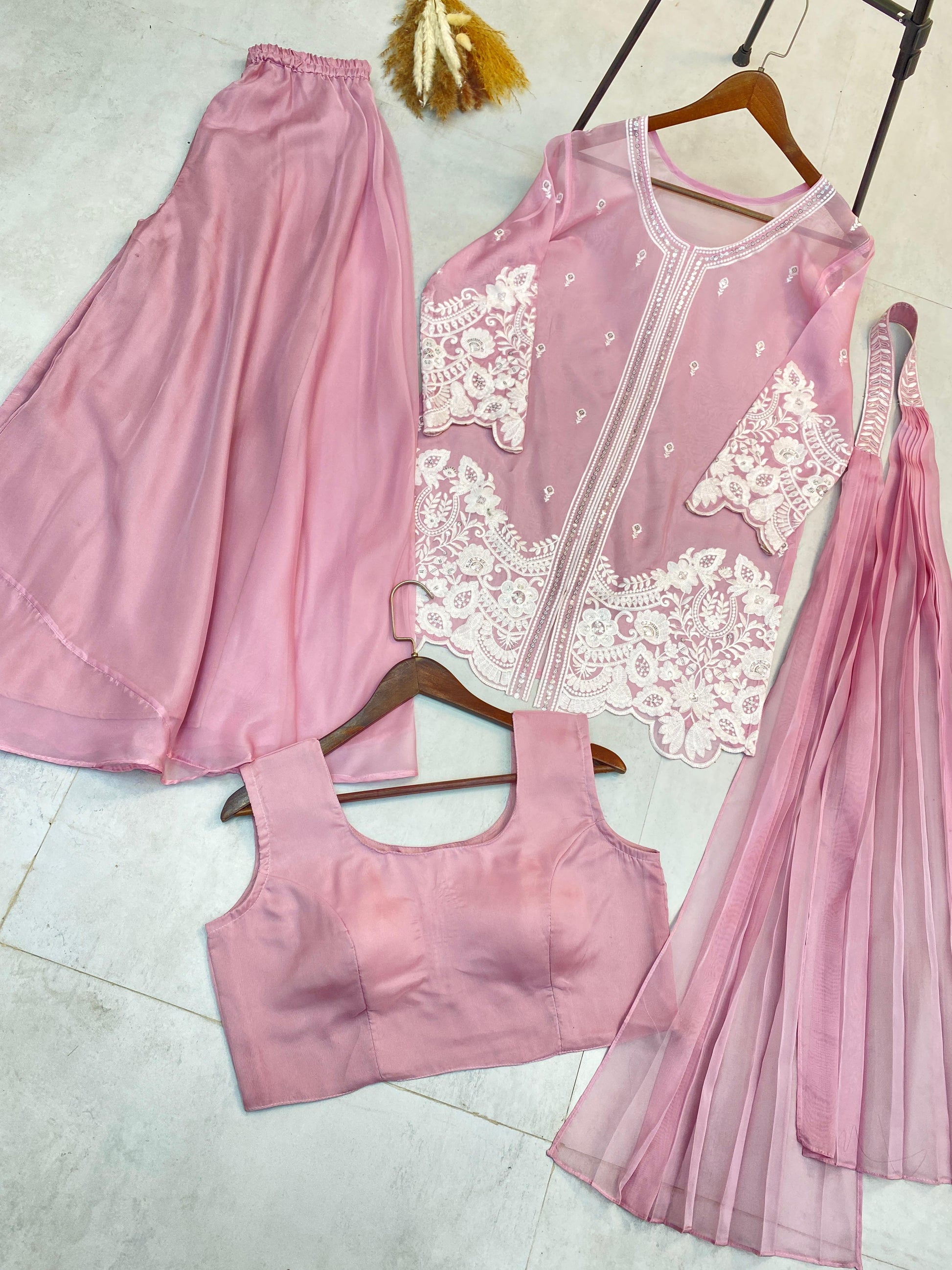 Glimmering Sequence Embroidery Work Pink Color Palazzo Suit