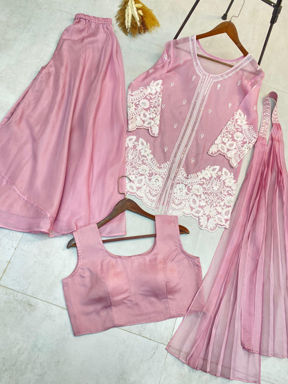 Glimmering Sequence Embroidery Work Pink Color Palazzo Suit