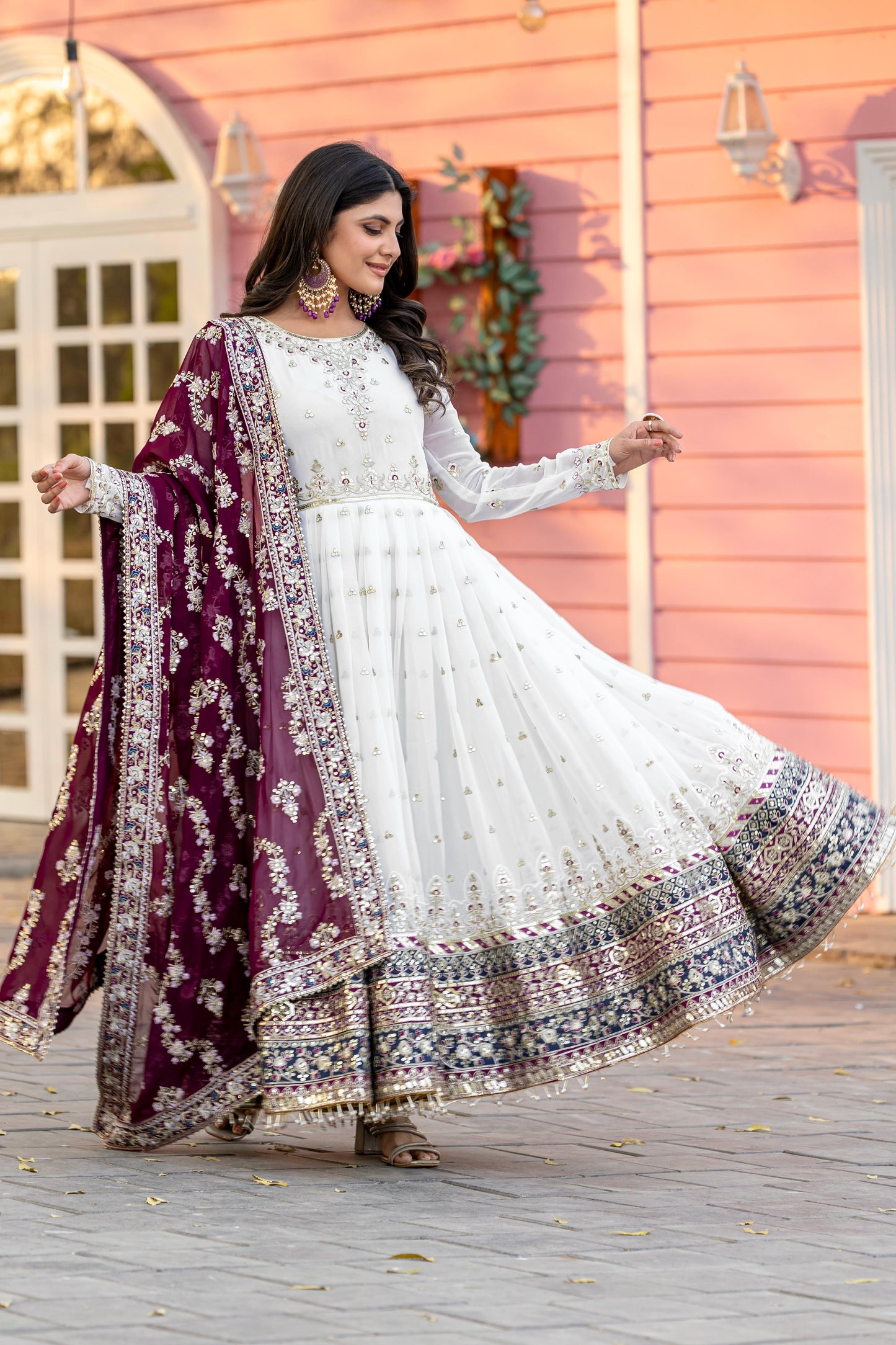 Glorious Georgette White Color Gown With Wine dupatta