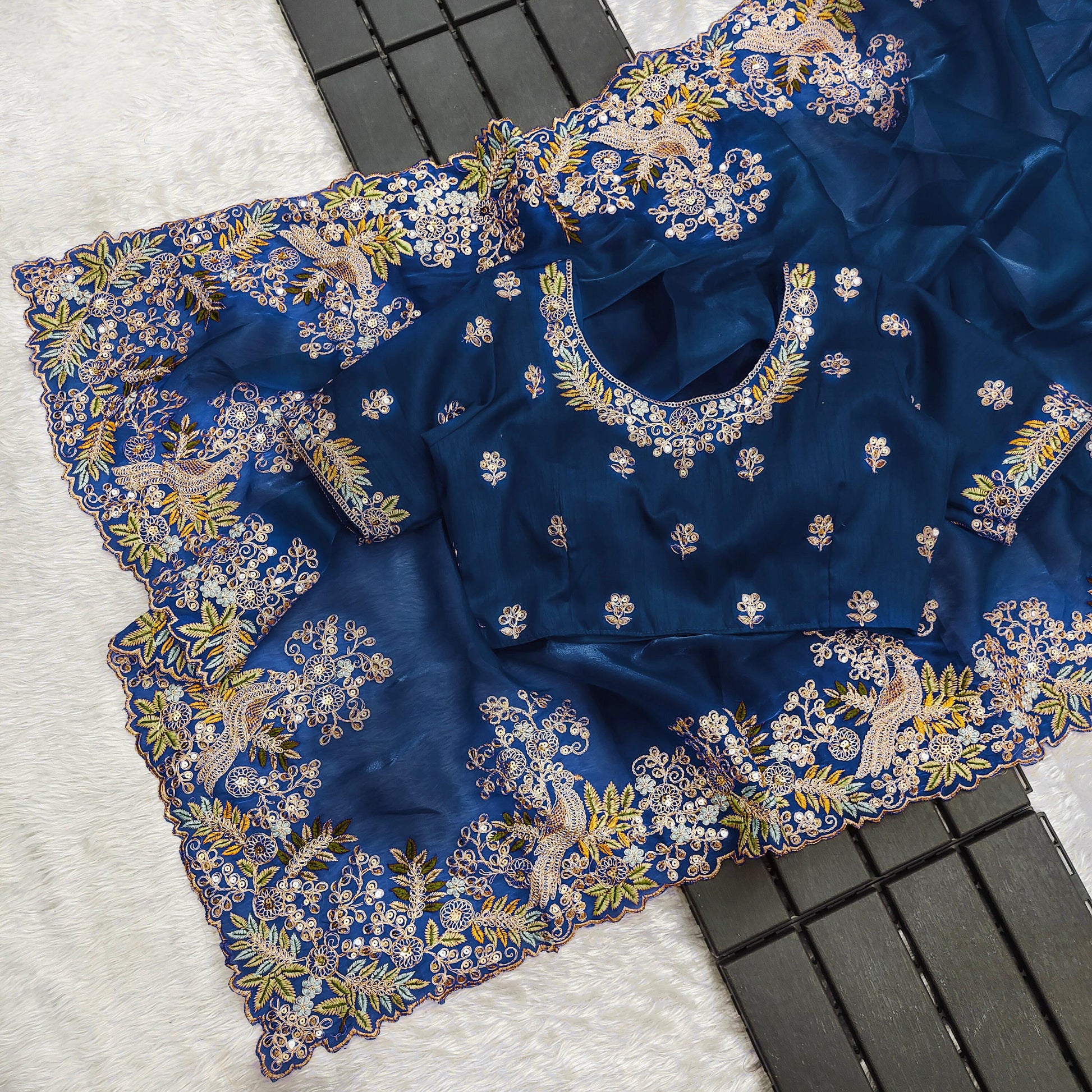 Traditional Wear Embroidery Work Teal Blue Color Saree