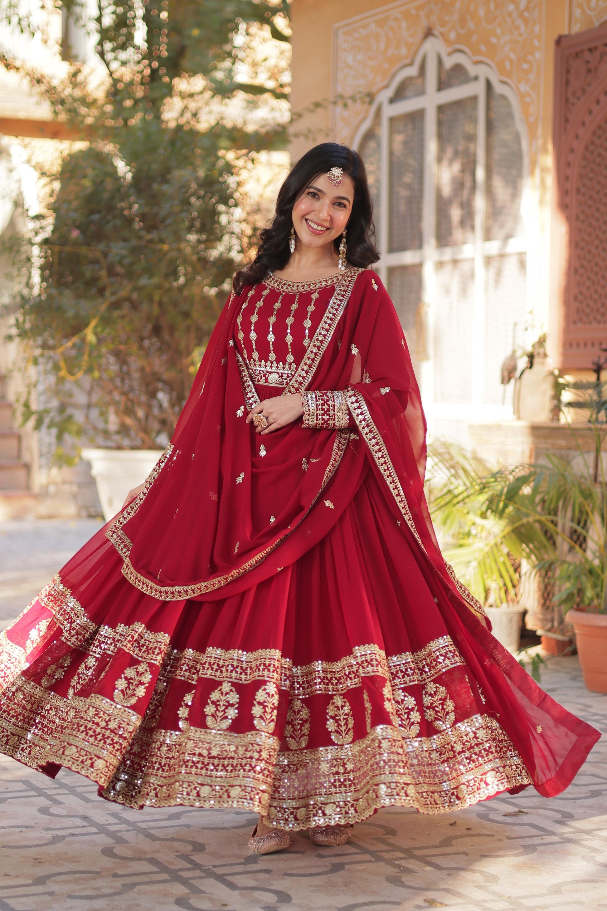 Fantastic Embroidery Work Red Color Gown