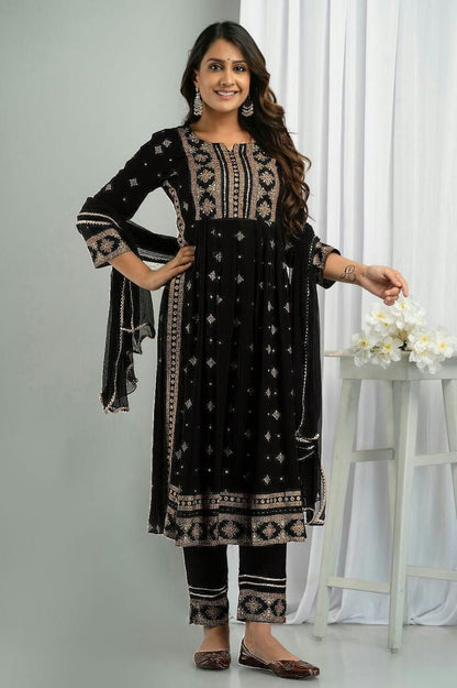 Precious Reyon Foil Print Black Color Salwar Suit