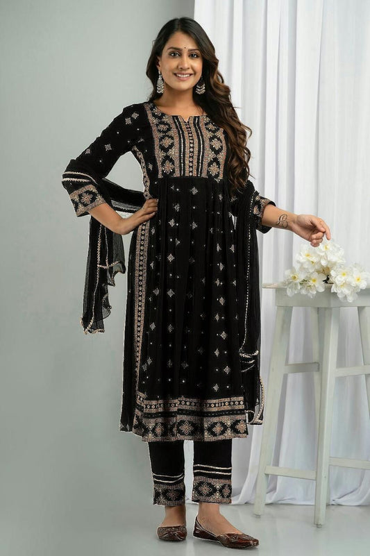 Precious Reyon Foil Print Black Color Salwar Suit