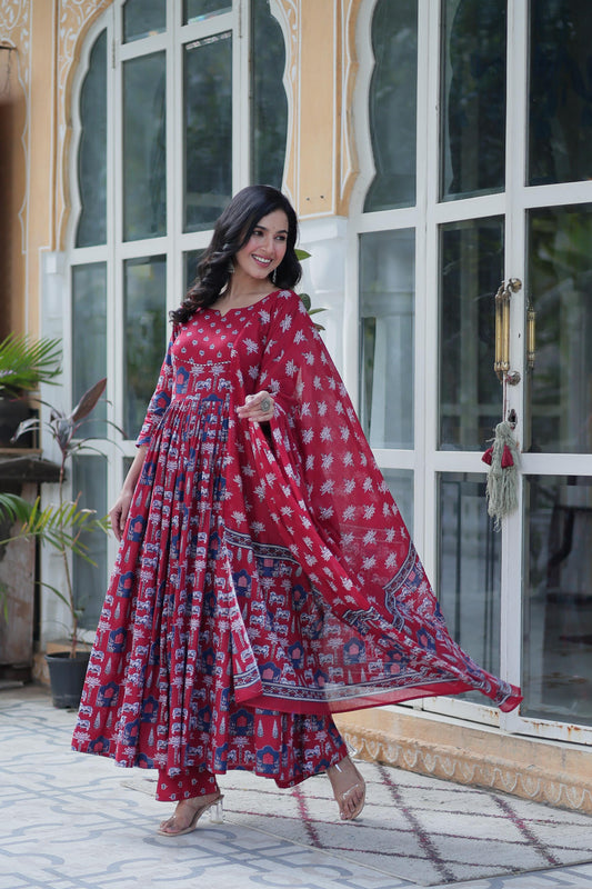 Fancy Cotton Round Neck Red Color Gown