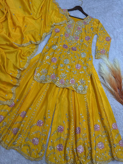 Outstanding Sequence Haldi Wear Yellow Color Sharara Suit