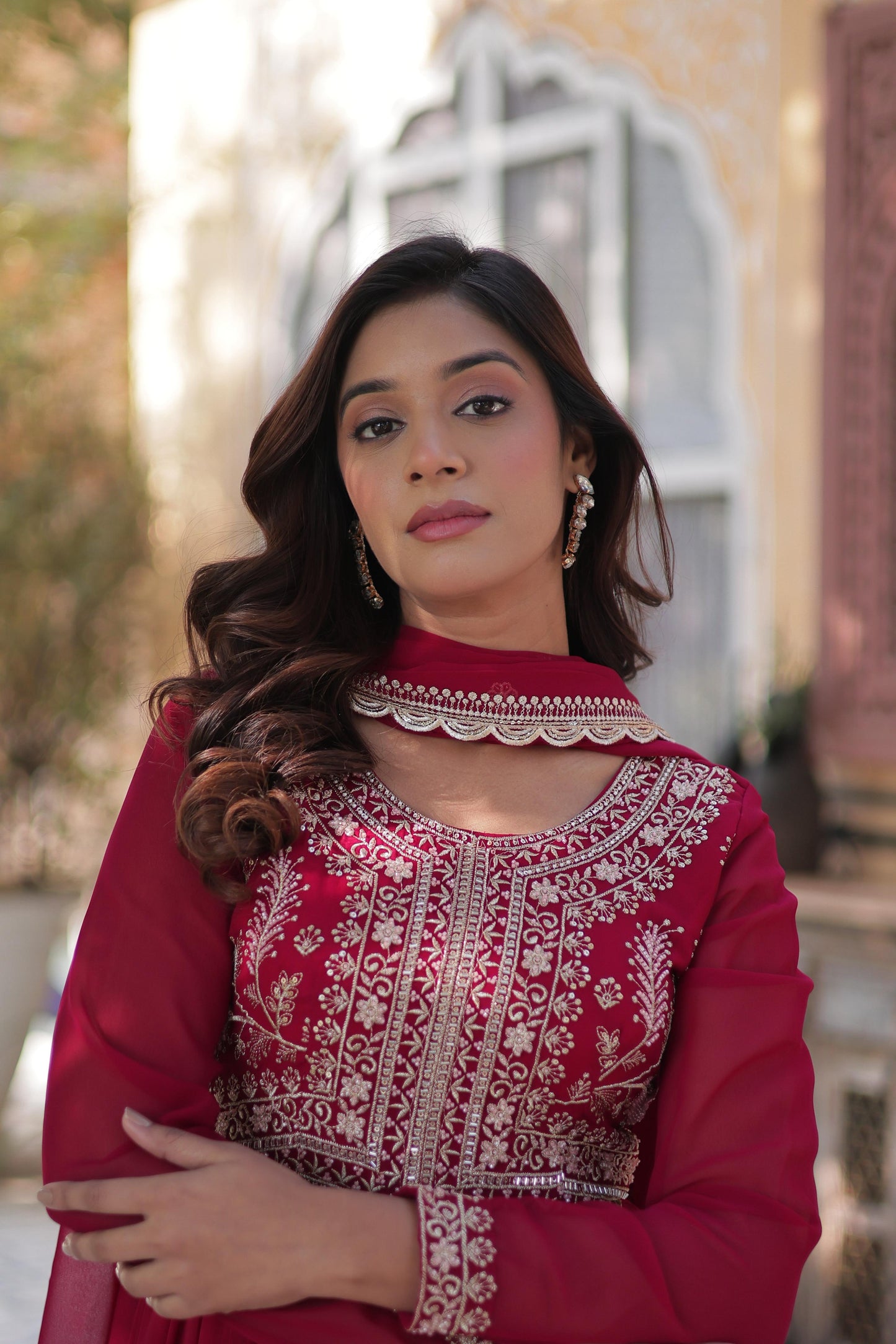 Awesome Embroidery Pearl Work Maroon Color Gown