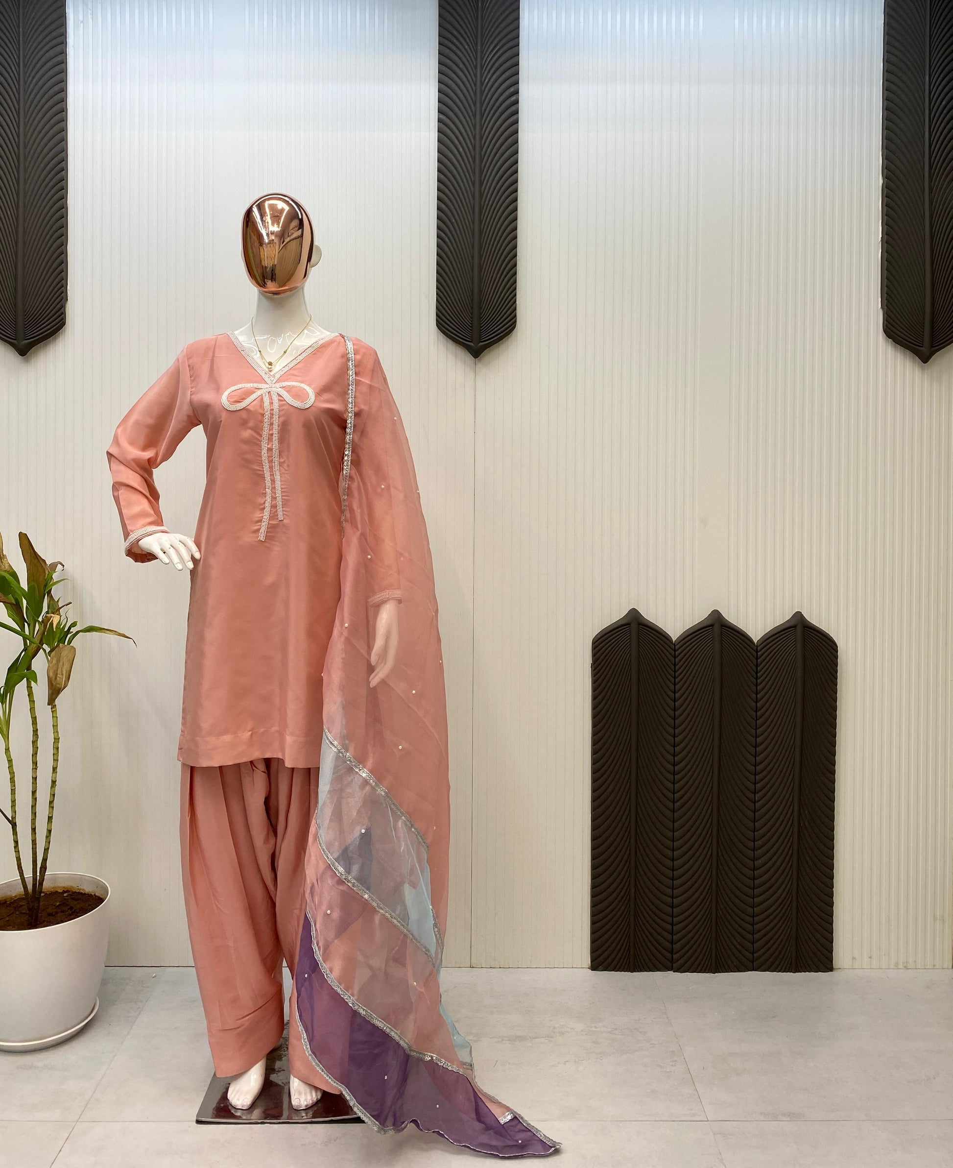 Marvelous Beads Work Peach Color Salwar Suit
