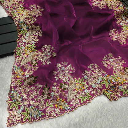 Traditional Wear Embroidery Work Wine Color Saree