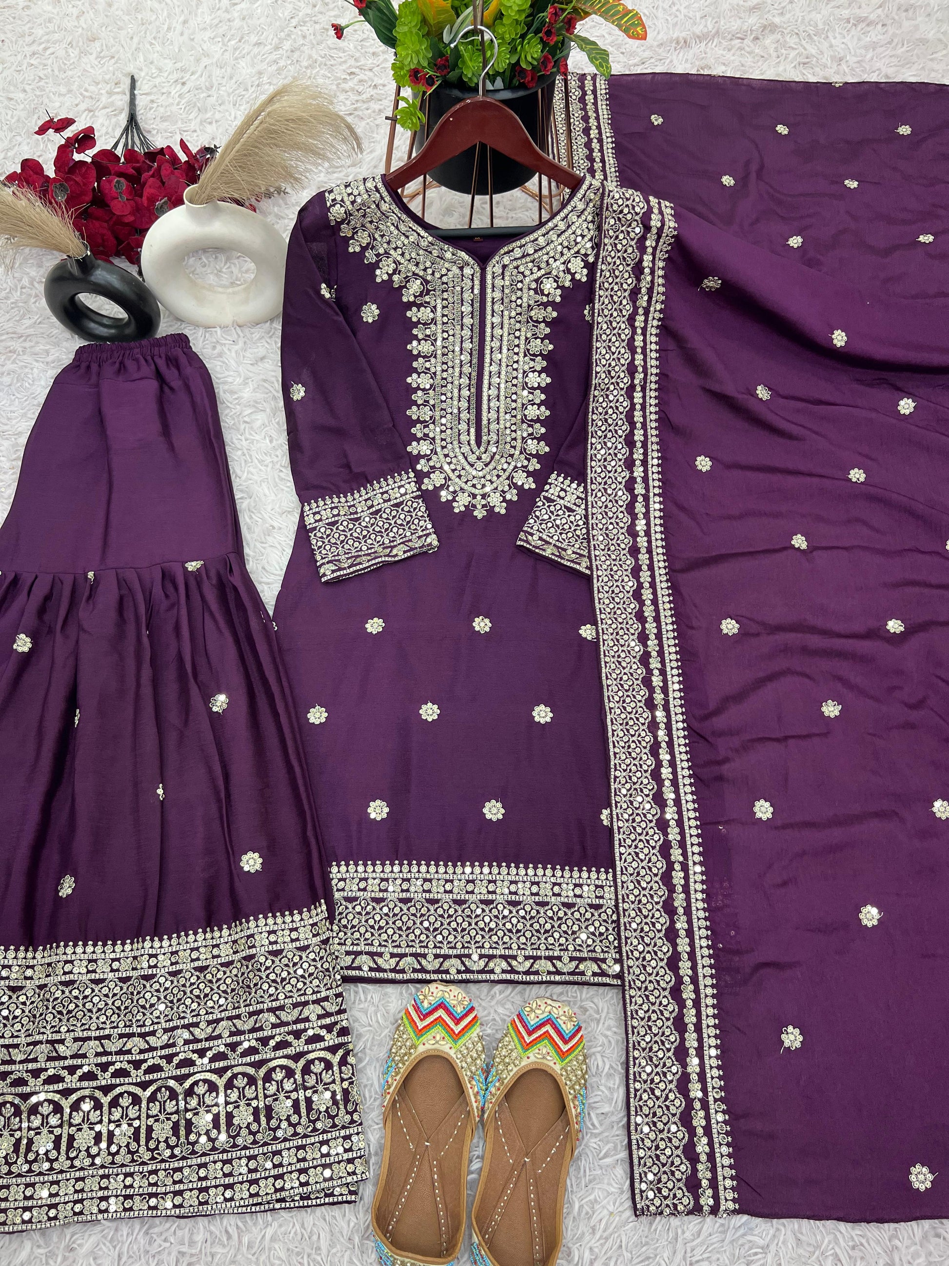 Elegant Embroidery Sequence Work Wine Color Sharara Suit