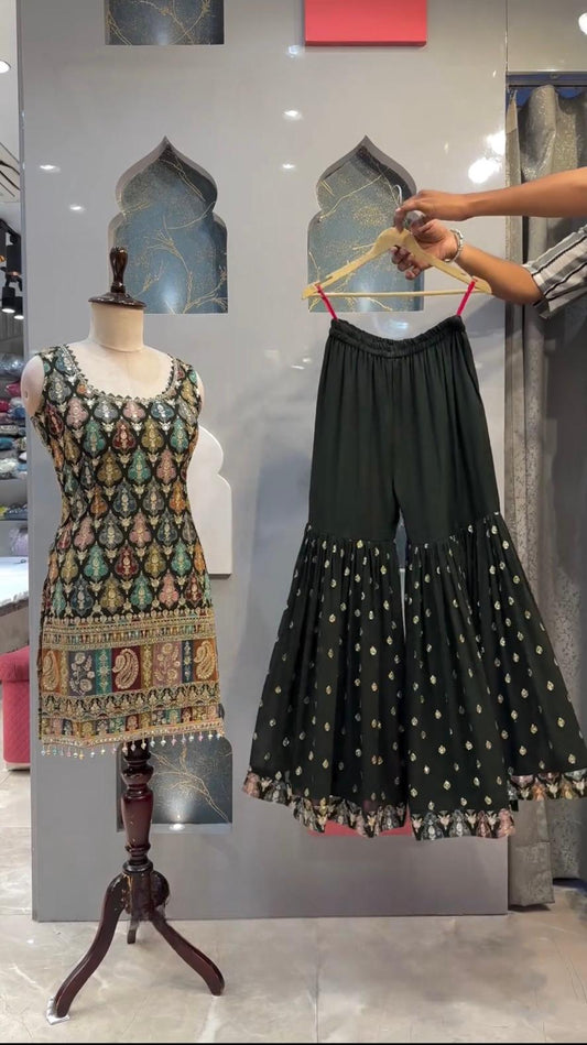 Gorgeous  Sequence Work Green Color Sharara Suit