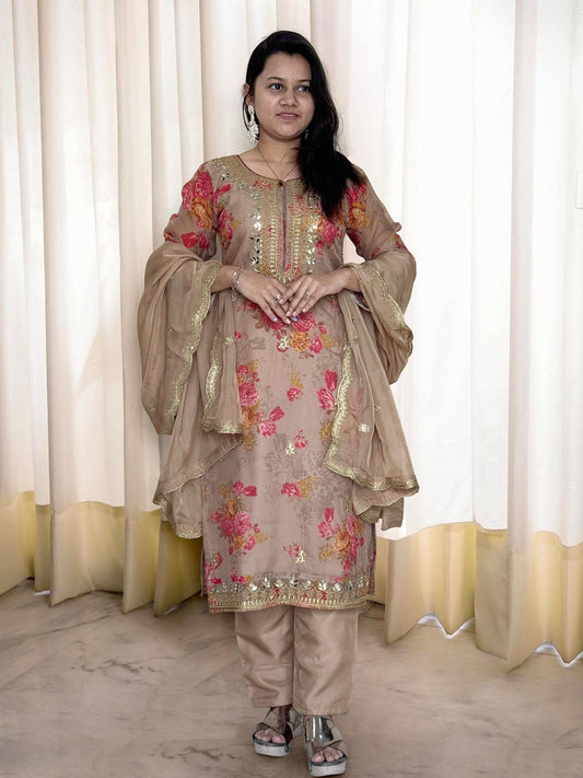 Flattering Sequence Heavy Stone Mirror Hand Work Beige Color Palazzo Suit