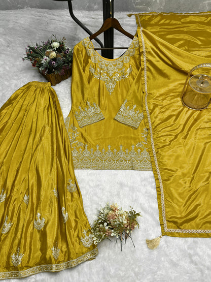 Designer Embroidery Work Mustard Color Palazzo Suit