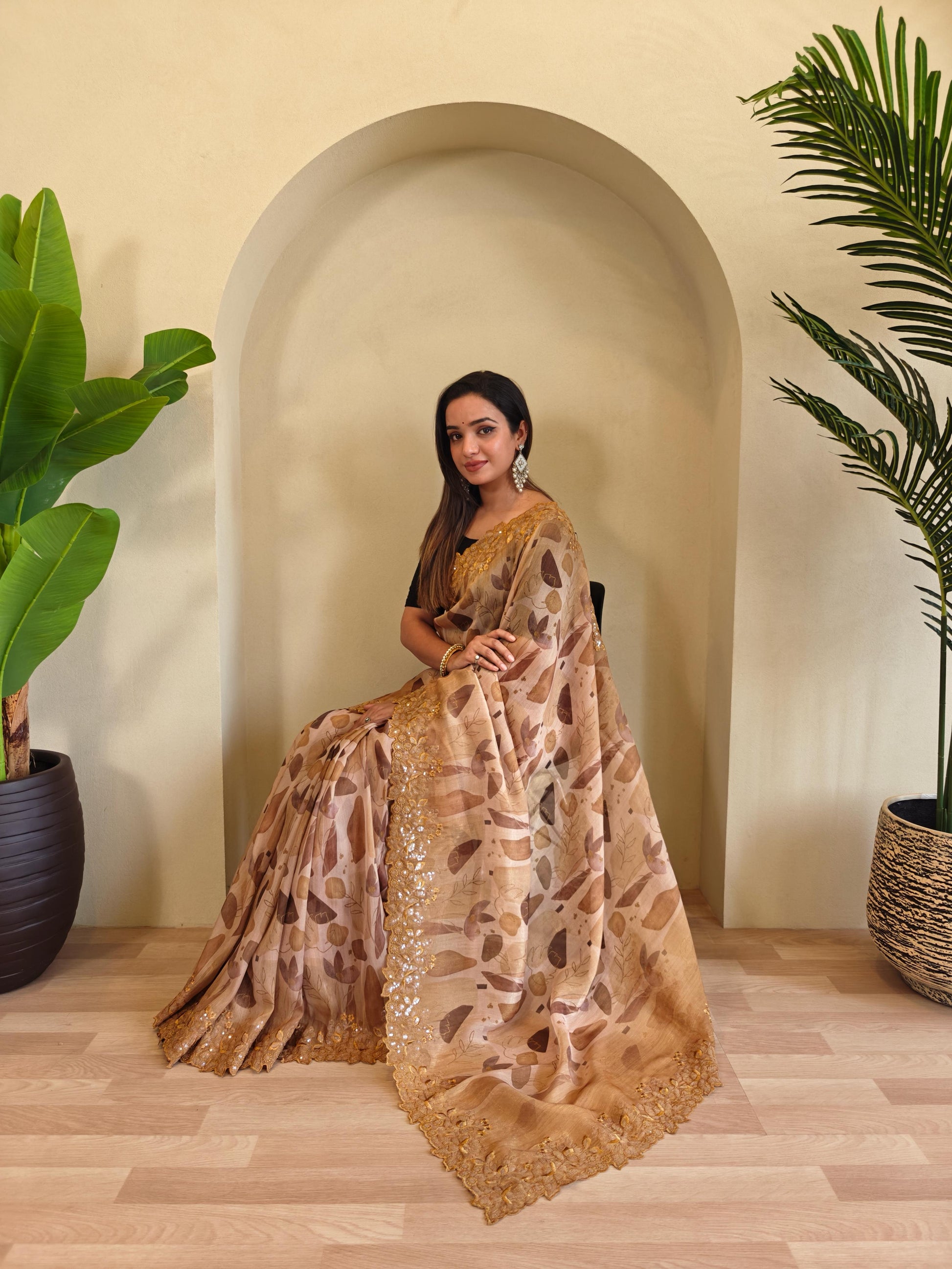 Casual Wear Brown Color Digital Print Organza Saree