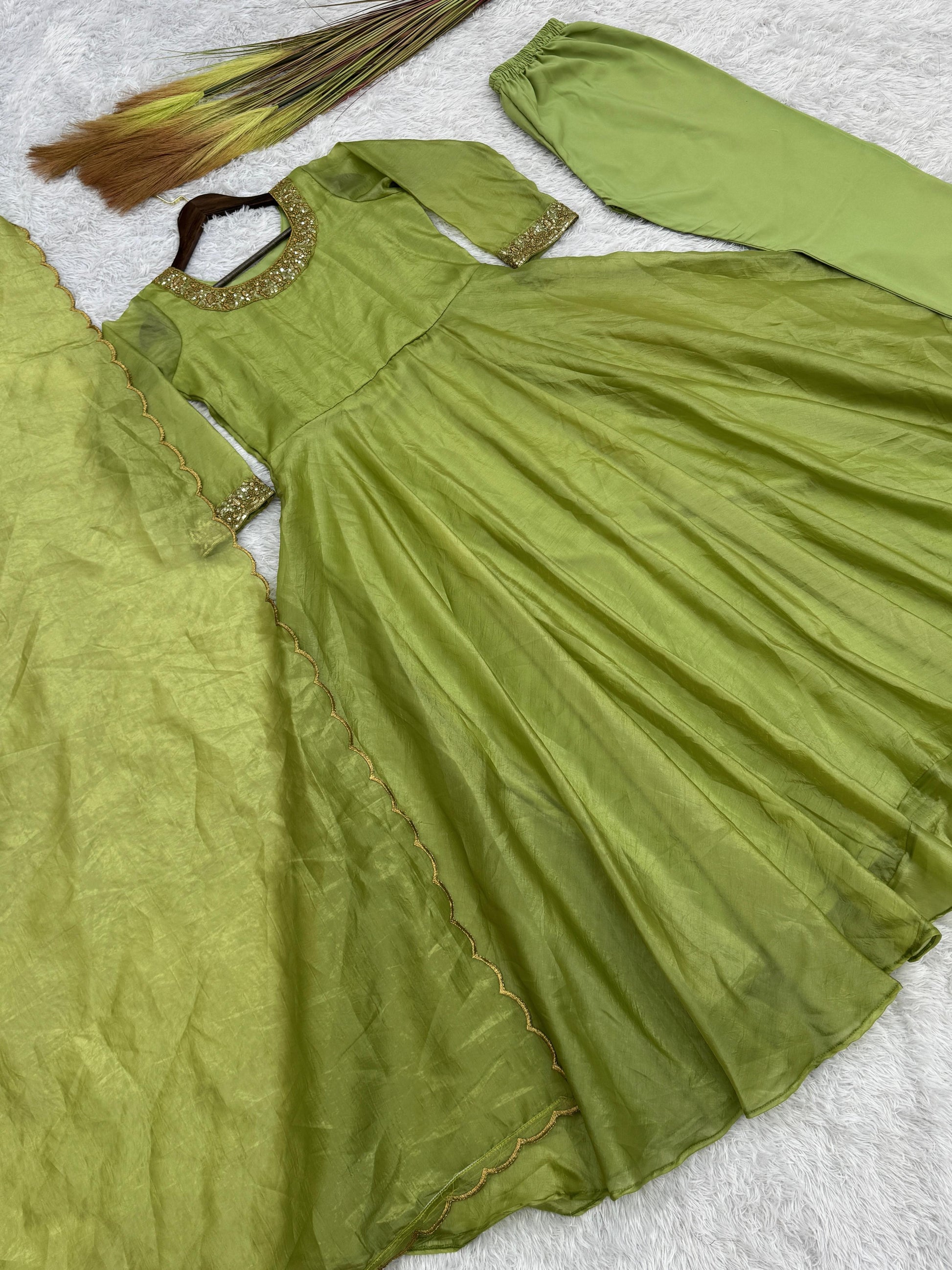Delightful Embroidery Green Color Anarkali Gown with Dupatta